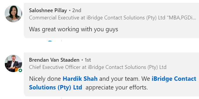 iBridge Testimonial Linkedin Testimonial Business Karma Marketing iBridge Contact Solutions